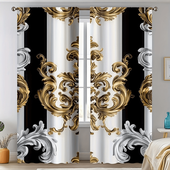 2pcs Black & White Bohemian Style Floral Curtains, Golden Modern Art Printed Curtains With Rod Pockets, Polyester, Classic Style For Bedroom, Office, Kitchen, Living Room, Home Decor