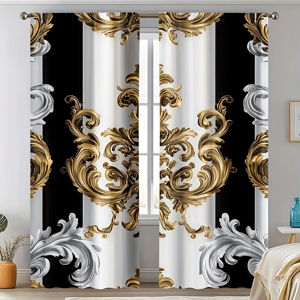 2pcs Black & White Bohemian Style Floral Curtains, Golden Modern Art Printed Curtains With Rod Pockets, Polyester, Classic Style For Bedroom, Office, Kitchen, Living Room, Home Decor