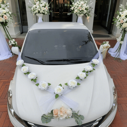 Wedding Car Flower Decoration White Roses Wear Artificial Flower Wedding Car Decoration 160cm White Gauze Strap Tie