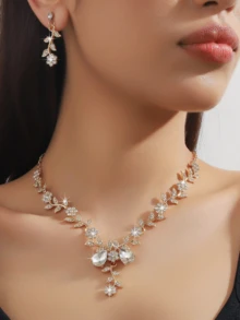 3 件套女士首饰套装，锌合金花朵形状，可调节项链，吊式耳环，高端新娘多功能首饰套装，婚礼舞会、派对、宴会可佩戴首饰套装 - 白色 - 查看 9