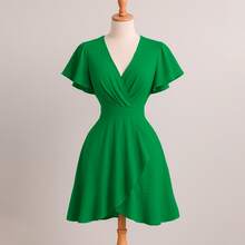 Vestido bohemio corto cruzado con escote en v y manga corta - Verde - Ver 2