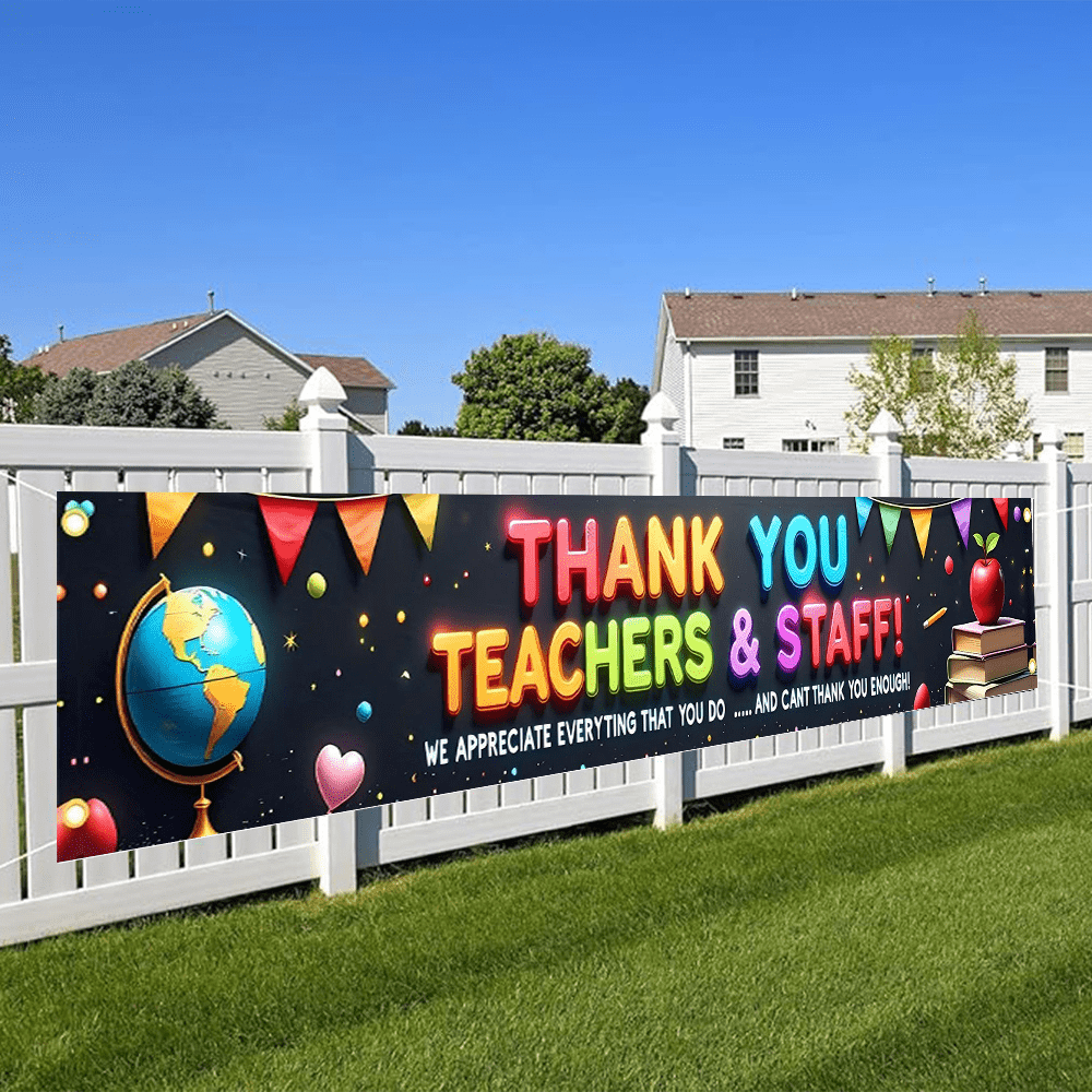 1pc Thank You Teachers And Staff Theme Banner, Polyester Material, Suitable For Thank You Party Background, With Balloon Design, Colorful Outdoor Garden Decoration, Indoor Events, No Electricity Required