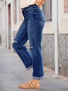 New Women's Fashion Elastic Distressed Skinny Jeans With Pockets - Elastic Straight Leg Jeans - Dark Wash - View 3