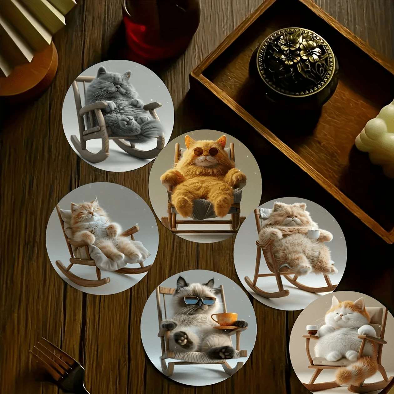 6pcs Creative Wooden Coasters With Slouchy Cat Design - Heat Resistant & Non-Slip, Suitable For Coffee & Drinks - Perfect For Holiday Decor, Theme Parties And Gifts - Multicolor - View 1