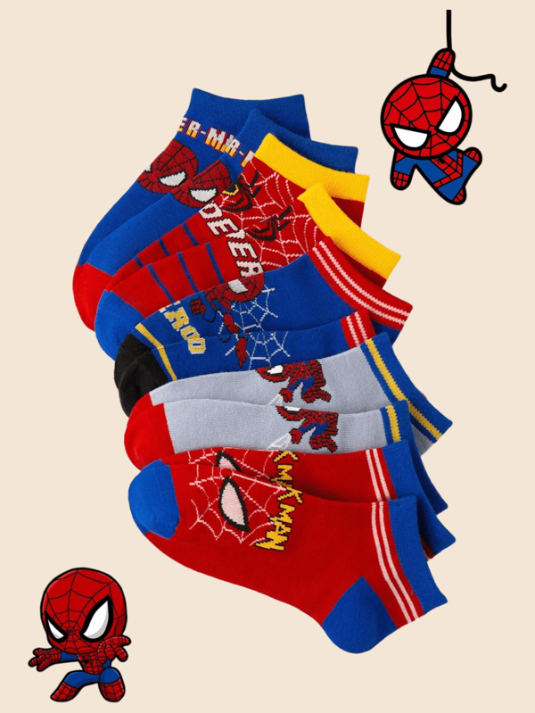 Disney Disney 1/5 Pair Of Boy Spider-Man Theme Exquisite Embroidery Details Soft Breathable, Sweat Absorption-Wear Cool Hero Style Socks Daily/Sports/Marvel Theme Activities, Using Red And Blue And Other Classic Colors, Showing The Image Of Spider-Man