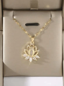 1pc Elegant Zirconia Lotus Flower Pendant Necklace, Suitable For Friends, Sisters, Mothers, Everyday Wear, Best Gift