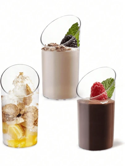 10pcs/20pcs/30pcs/40pcs Round Slanted Mousse Cups, Transparent Pudding Cups For Party, Wedding, Catering, Ice Cream, Dessert, Appetizer Serving Cups, Suitable For Party, Wedding, Catering, Ice Cream, Fruit, Milk, Pudding And Food Containers, Kitchen Supplies