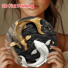 2D Flat, 1pc, Round Koi Fish Metal Plaque (8 X 8 Inches), Koi Fish Lover Plaque, Living Room Wall Decor, Round Fashionable Artistic Aesthetics, Tai Chi Animal Painting Art, Perfect Gift For Family And Friends