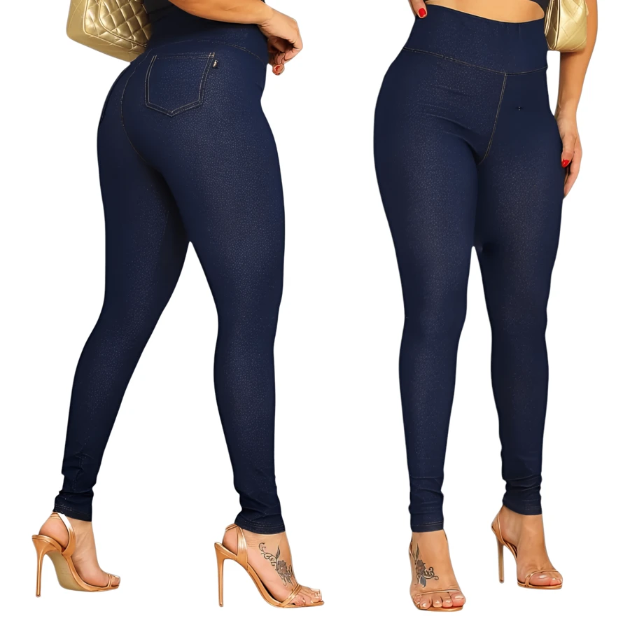 Fake Jeans Leggings With Pocket High Waist Cotton From M To XG - Azul Marino - Ver 1