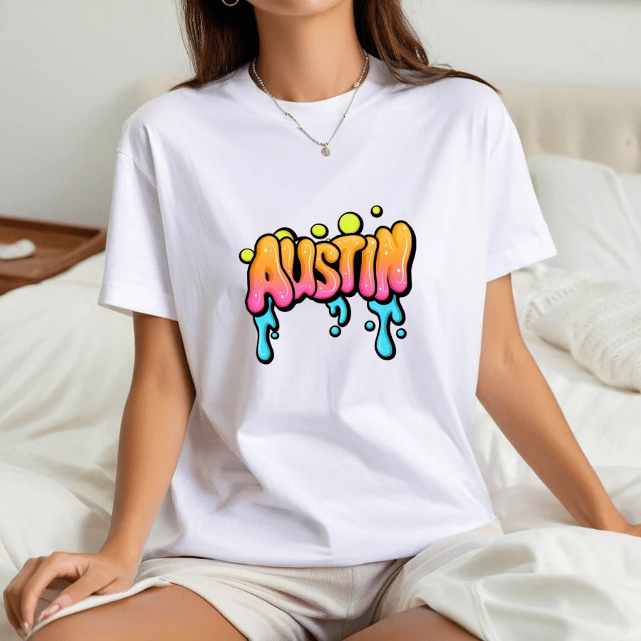 Cotton T Shirts For Women Off Shoulder Top Austin Name Graffiti Print T Shirt F Massive Discount Crew Neck Casual T Shirt For Hangouts - Fixes Overdressed Feel - Relaxed Vibe - Black - View 1