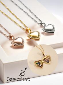 Customized Photo Necklace, Customizable With Two Photos, Stainless Steel Heart-Shaped Brick Box Necklace, Aluminum Alloy Metal Photo, Waterproof And Non Fading, Couple Gift, Mother Gift, Various Holiday Gifts - Multicolor - View 1