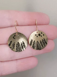 2 件欧美复古风格不对称金环、松树、星星、月亮耳环，女士日常休闲装 - 金黃色 - 查看 1