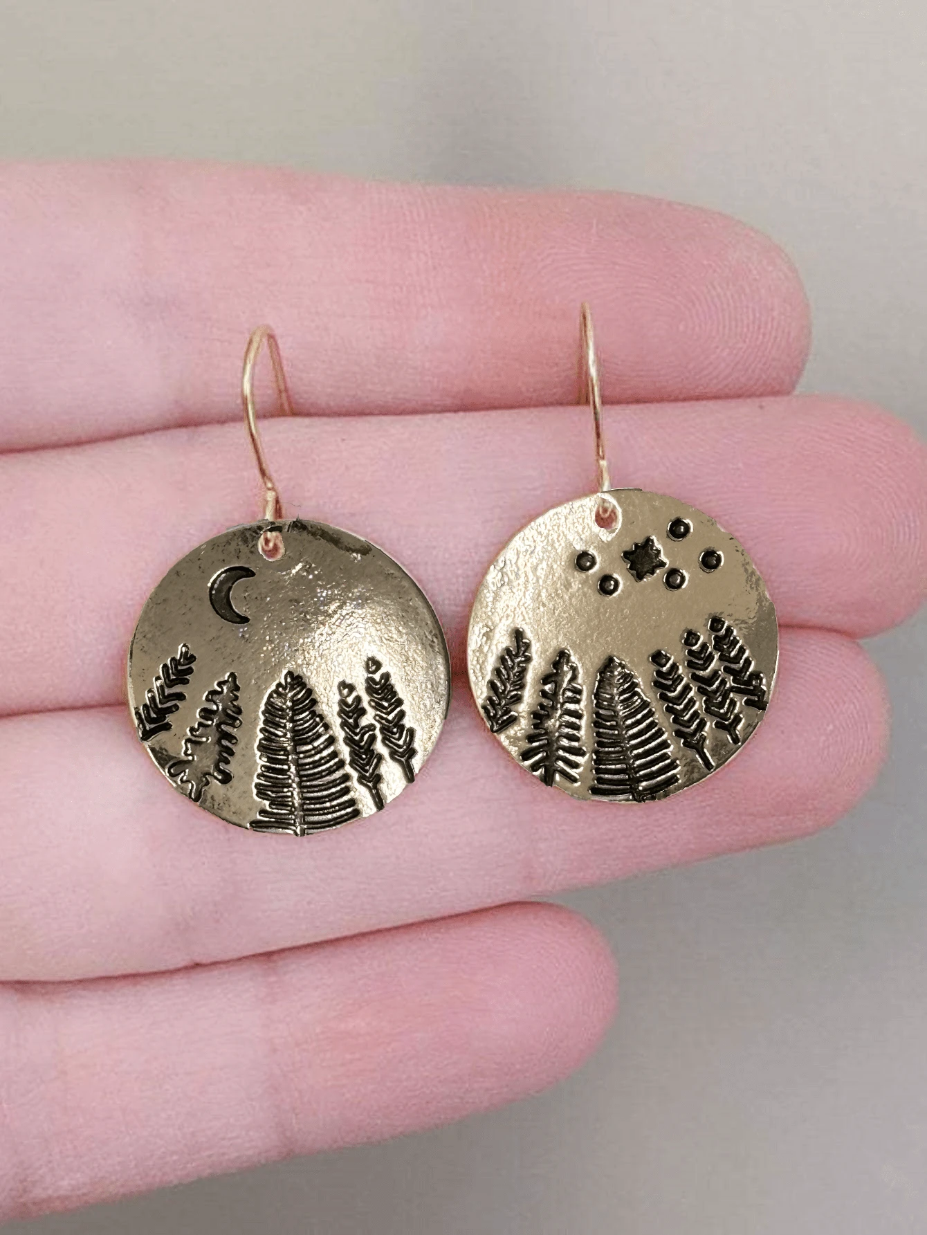 2 件欧美复古风格不对称金环、松树、星星、月亮耳环，女士日常休闲装 - 金黃色 - 查看 1