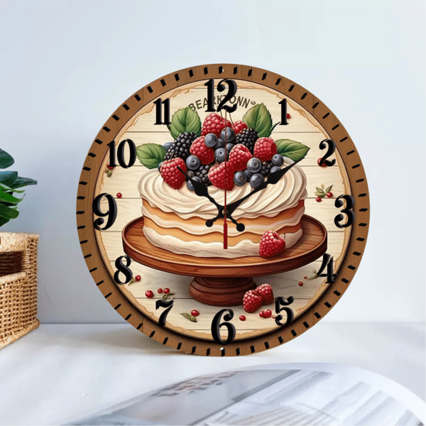 1 Peça Relógio de Parede Redondo de 10 polegadas Estilo Country com Design de Bolo - Decoração de Cozinha Vintage de Madeira Silenciosa, Adequado para Casa, Escritório, Quarto, Movimento de Quartzo, Ponteiros de Metal, Funcionamento a Bateria (Baterias Não Incluídas), Sala de Estar, Artesanato Detalhado, Presente, Decoração de Sala de Jantar, Decoração Escolar, Surpresa Escolar, Decoração de Dormitório, Volta às Aulas