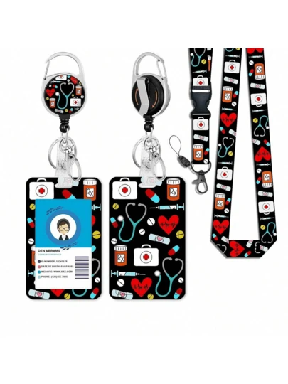 1/2 套装（按扣 + 卡套 + 挂绳）护士日听诊器徽章卷轴、伸缩卷轴支架、瓶子/注射器钥匙链、黑色花卉可拆卸挂绳、身份证夹 - 优雅的办公配件套装