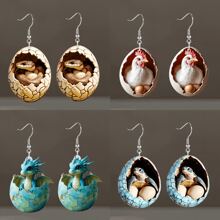 4 Pairs Of Novelty Hatching Creature Earring Set - Turtle, Snake, Fantasy Dragon And Chicken Patterns, Vibrant Colors, 2D Flat Acrylic Style, Suitable For Parties And Festivals, Holiday Accessories | Imaginative Earrings | Acrylic Earrings, Unique Earrings