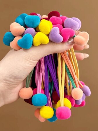 5-10pcs Colorful Pompom & Heart Shaped Hair Scrunchies, High Elasticity Flocked Candy Colors Hair Accessories, Autumn/Winter, Damage-Free & Sturdy For Daily Use Hair Ties Ponytail Holders Hair Elastics Hair Rope