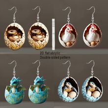 4 Pairs Of Novelty Hatching Creature Earring Set - Turtle, Snake, Fantasy Dragon And Chicken Patterns, Vibrant Colors, 2D Flat Acrylic Style, Suitable For Parties And Festivals, Holiday Accessories | Imaginative Earrings | Acrylic Earrings, Unique Earrings