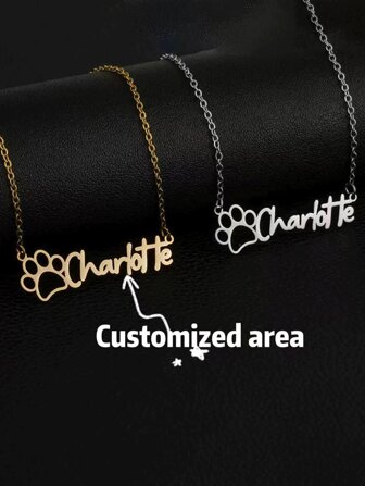 1 pieza Colgante de pata de animal hueco de acero inoxidable con nombre personalizado - Joyería personalizada de estilo bohemio exquisita, cadena delgada de fuente cursiva elegante regalo para niñas