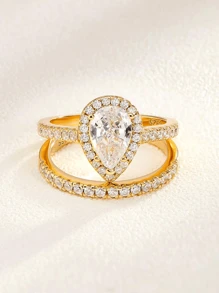2 Pc Single Row Golden Drops Diamond Set Ring Ladies Jewelry For Women 925 Sterling Silver Shining Gorgeous Promise Ring Fine Jewelry For Wedding Prom Party