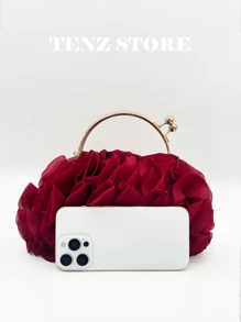 Women Elegant Large-Capacity Burgundy Floral Pleated Satin Evening Clutch Party Bag Purse Handbag– Chic Chiffon Petal Handbag With Chain Strap, Fits ProMax Size Phone & Essentials, Perfect For Bride, Weddings, Dates, Proms, Sorority Formals, Graduation Parties, Spring Galas, Weddings, Cocktail Events, And Special Occasions, Prom Bag For Party