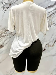 Conjunto 2 piezas de Camiseta casual de cuello redondo holgada con gráfico de letra inspirado en Los Ángeles para mujer  y short ajustado ideal para ejercicio y uso diario - Negro - Ver 6