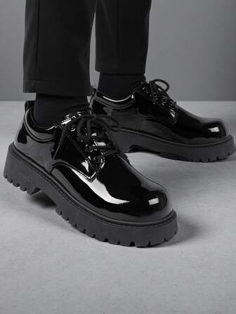 男士复古圆头厚底正装鞋，系带亮面正式牛津鞋，英伦风格婚礼派对时尚增高休闲皮鞋