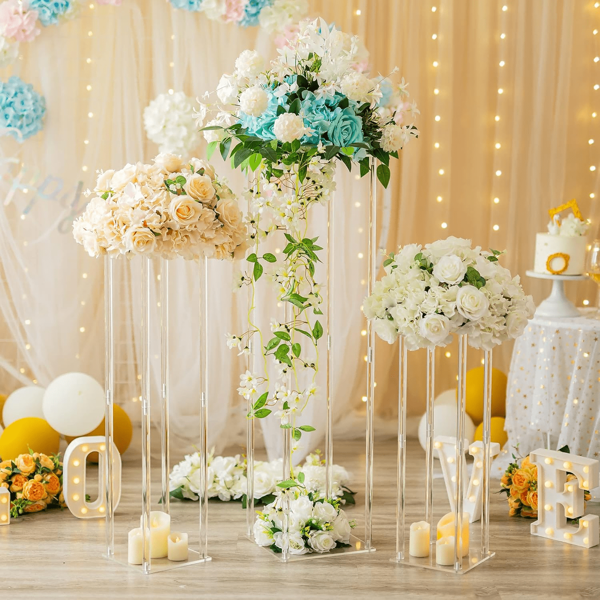 1 Set mit Blumenständern in verschiedenen Größen und Höhen aus transparentem Acryl, französischer romantischer Stil mit quadratischen und länglichen zylindrischen Blumenkörbchen und Regalen, geeignet für Hochzeiten, Partys, Geburtstage, Abschlussfeiern, Einschulungen und Outdoor-Dekorationen