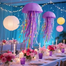 Linternas de papel con diseño de medusas azules/moradas/rosas, decoraciones colgantes de fiesta submarina con tema de sirena, suministros para oficina y aula, decoración para fiestas de cumpleaños, bodas, navidad, restaurantes y talla grande, linternas de papel plegables multiescena