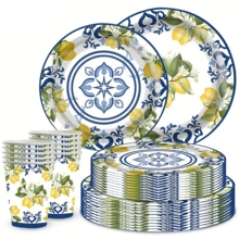 10/20/50 piezas, platos y vasos de papel con diseño de flores azul y blanco y limón - ideal para el Día de San Valentín, Día de la Madre, Día del Padre, graduación y fiestas de cumpleaños - vajilla festiva con patrones florales y de limón, suministros para fiestas con tema de limón, platos de papel de 9" y vasos de papel de 7" con tema de limón y frutas cítricas - Multicolor - Ver 1