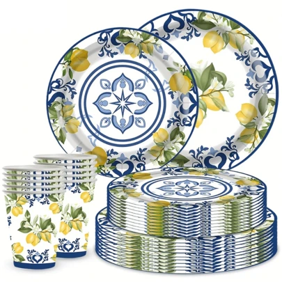 10/20/50 قطعة ، طبق ورقي وأكواب بتصميم زهري ليموني باللونين الأزرق والأبيض - مثالي لعيد الحب وعيد الأم وعيد الأب والتخرج وحفلات الأعياد - أواني احتفالية ذات أنماط زهرية وليمونية ، لوازم حفلة موضوع الليمون ، ديكورات حفلة عيد الميلاد موضوع الفاكهة الحمضية ، أواني طاولة احتفالية إيطالية بنمط الليمون الأصفر ، أطباق ورقية قياس 9 بوصات 7 بوصات ، أكواب ورقية