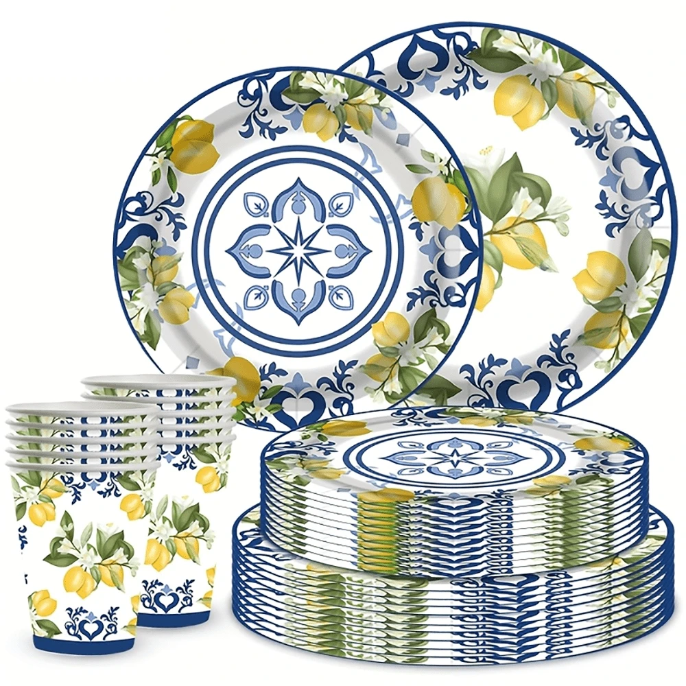 10/20/50 piezas, platos y vasos de papel con diseño de flores azul y blanco y limón - ideal para el Día de San Valentín, Día de la Madre, Día del Padre, graduación y fiestas de cumpleaños - vajilla festiva con patrones florales y de limón, suministros para fiestas con tema de limón, platos de papel de 9" y vasos de papel de 7" con tema de limón y frutas cítricas - Multicolor - Ver 1