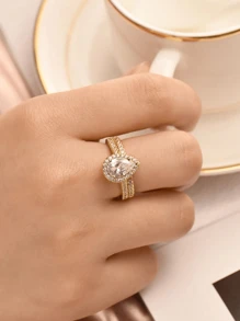 2 Pc Single Row Golden Drops Diamond Set Ring Ladies Jewelry For Women 925 Sterling Silver Shining Gorgeous Promise Ring Fine Jewelry For Wedding Prom Party