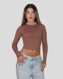 BASIC SECOND SKIN BLOUSE LONG SLEEVE COLD ROUND NECK CACHAREL ELEGANT CASUAL AITONA - Rust Brown - View 2