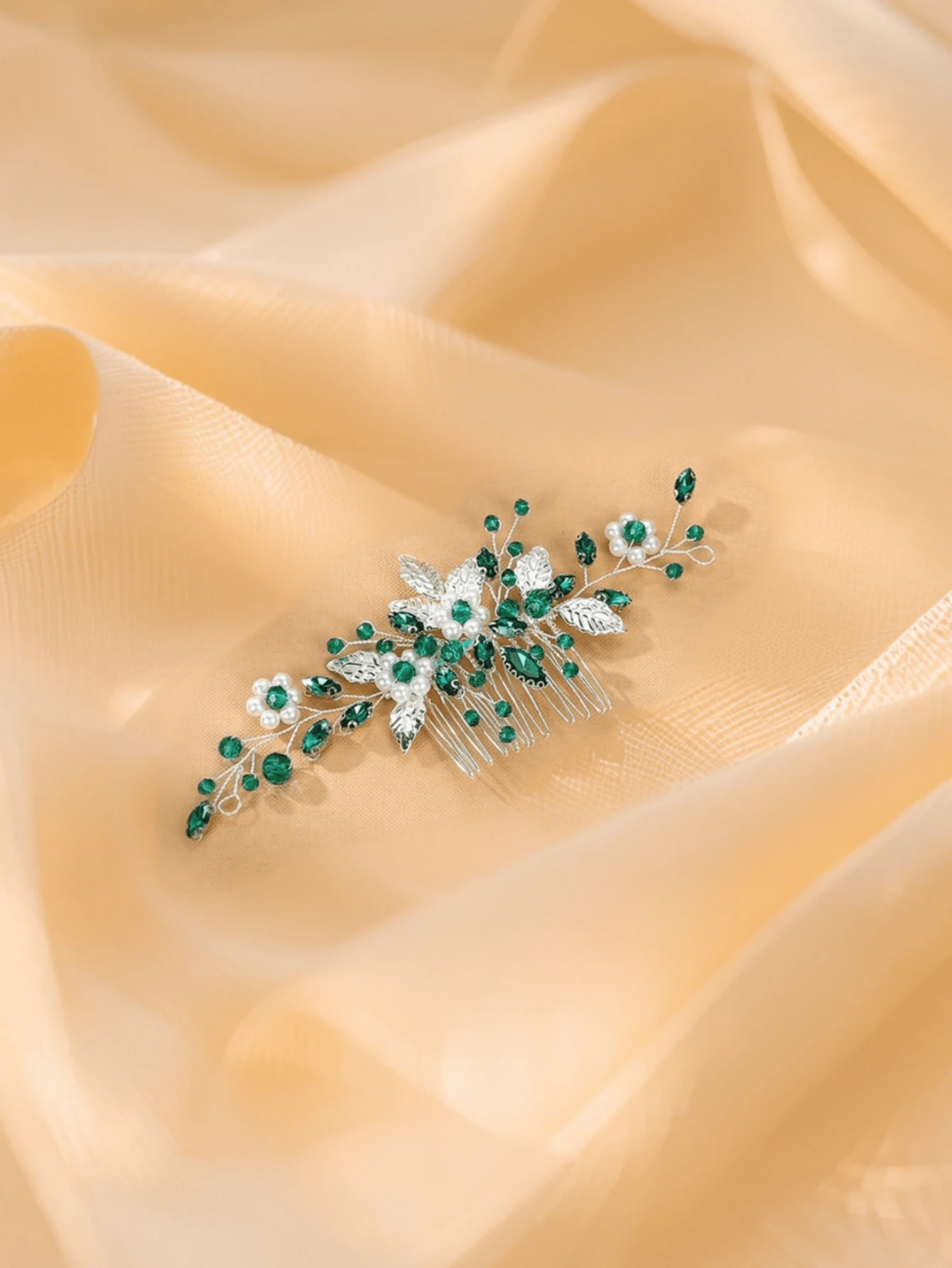 1 chiếc lược cài tóc hình hoa pha lê màu xanh lá cây thanh lịch dành cho cô dâu, phụ kiện cài tóc trang trí tiệc cưới, phụ kiện ngày Valentine. - Lược chải tóc màu xanh lá cây - Xem 1
