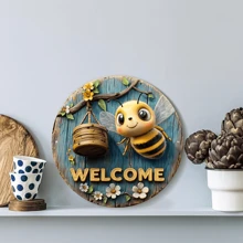 1 pièce Plaque décorative ronde plate de 8 x 8 pouces - Panneau de bienvenue avec motif bois et abeille, plaque haute définition résistante aux intempéries, convient pour les cadeaux nature, la décoration apicole, position des trous plate aléatoire