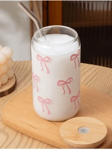1 Pc Glass Cup Pink Bow 550ml ,Coffee Cup With Sealed Bamboo Lid And Straw, Christmas,Summer, Halloween,Suitable For Office And School, For Coffee, Tea, Beer, Juice, Hot And Cold Drinks, Smoothies, Etc,Reusable, Thermal Insulation, Used For Parties, Gatherings, Festivals, Thanksgiving,Teachers' Day, Holiday Gifts, A Gift For Mom, Lovers, Boyfriends And Girlfriends,Best Friend, Bride.