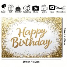 1 pièce Toile de fond en tissu blanc et or pour anniversaire, convient pour la décoration de fête d'anniversaire, la décoration de la maison, la décoration du jardin, la décoration intérieure et extérieure, le fond photographique, la commémoration d'anniversaire