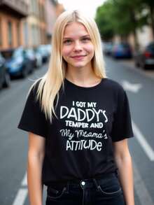 Tween Girl Slogan Print Loose Fit Round Neck Drop Shoulder Short Sleeve T-Shirt, Fashionable Casual Top For Teen Girls, Summer - Black - View 2