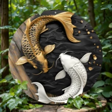 2D Flat, 1pc, Round Koi Fish Metal Plaque (8 X 8 Inches), Koi Fish Lover Plaque, Living Room Wall Decor, Round Fashionable Artistic Aesthetics, Tai Chi Animal Painting Art, Perfect Gift For Family And Friends