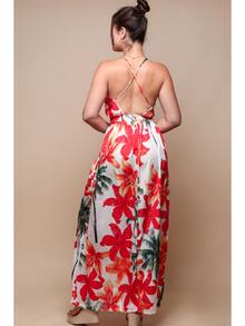 Floral Maxi Dress, Halter Style Summer Dress - Red - View 3