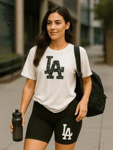 Conjunto 2 piezas de Camiseta casual de cuello redondo holgada con gráfico de letra inspirado en Los Ángeles para mujer  y short ajustado ideal para ejercicio y uso diario - Negro - Ver 1