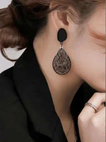 一对独特的复古花卉电脑图形设计泪珠耳环，简约高端女士耳环，日常佩戴 - 黑色 - 查看 1