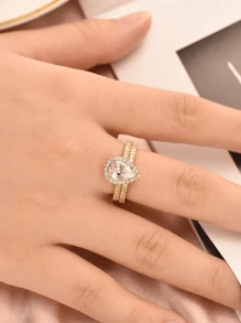 2 Pc Single Row Golden Drops Diamond Set Ring Ladies Jewelry For Women 925 Sterling Silver Shining Gorgeous Promise Ring Fine Jewelry For Wedding Prom Party