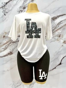 Conjunto 2 piezas de Camiseta casual de cuello redondo holgada con gráfico de letra inspirado en Los Ángeles para mujer  y short ajustado ideal para ejercicio y uso diario - Negro - Ver 2