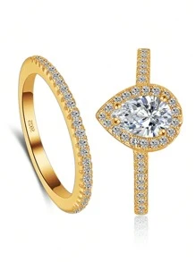 2 Pc Single Row Golden Drops Diamond Set Ring Ladies Jewelry For Women 925 Sterling Silver Shining Gorgeous Promise Ring Fine Jewelry For Wedding Prom Party