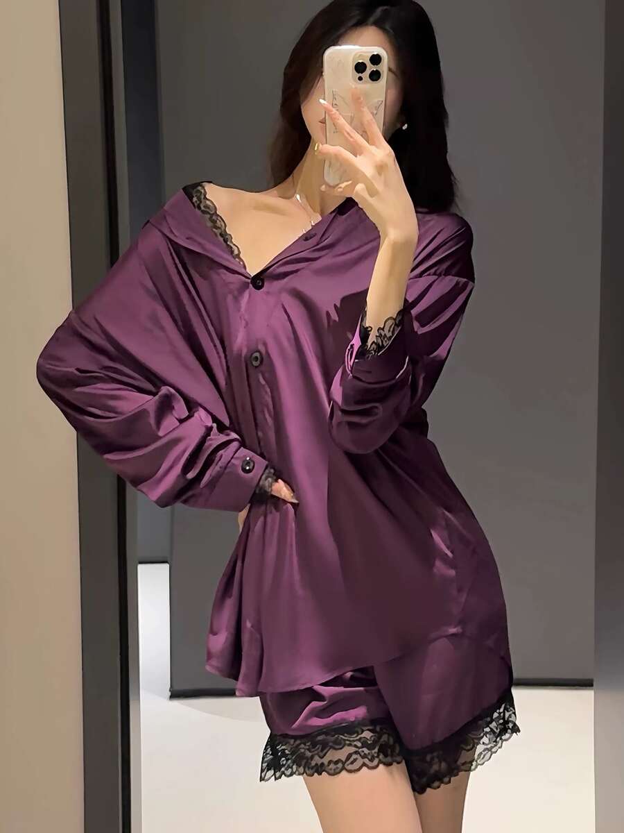 纯色上衣1+短裤1，情趣内衣性感男友风衬衫蕾丝诱惑性感睡裙春秋高档奢华感睡衣套装情趣内衣套装 - 黑色 - 查看 1