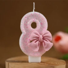 Velas com números da série Cute Pink Bow de 0 a 9, velas para decoração de bolo de aniversário, artigos para festas com atmosfera, adequadas para festas de aniversário, festas de revelação de gênero, festas de inauguração, festas de casamento, festas monocromáticas, noite das mulheres, festas temáticas, itens essenciais para 1º a 100º aniversário