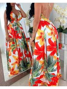 Floral Maxi Dress, Halter Style Summer Dress - Red - View 1
