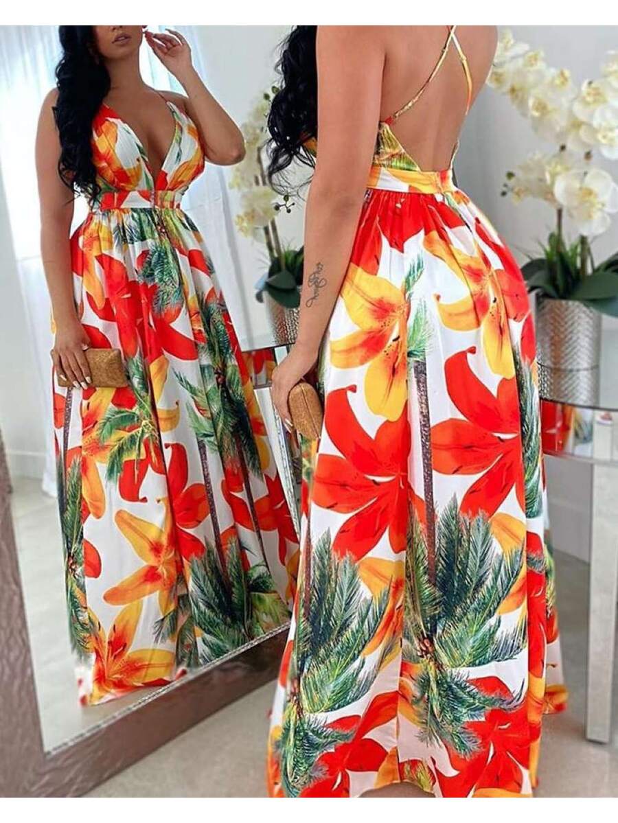 Floral Maxi Dress, Halter Style Summer Dress - Red - View 1